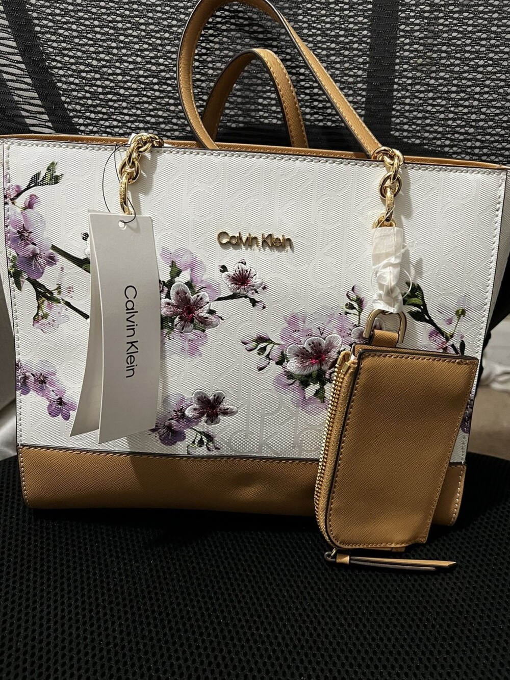 Vintage Calvin Klein Lavender Cherry Blossom Tote | Gold Zip Cherub White